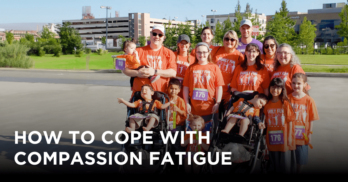 blog title graphic with a group of runners from kids and adults "HOW TO COPE WITH COMPASSION FATIGUE"