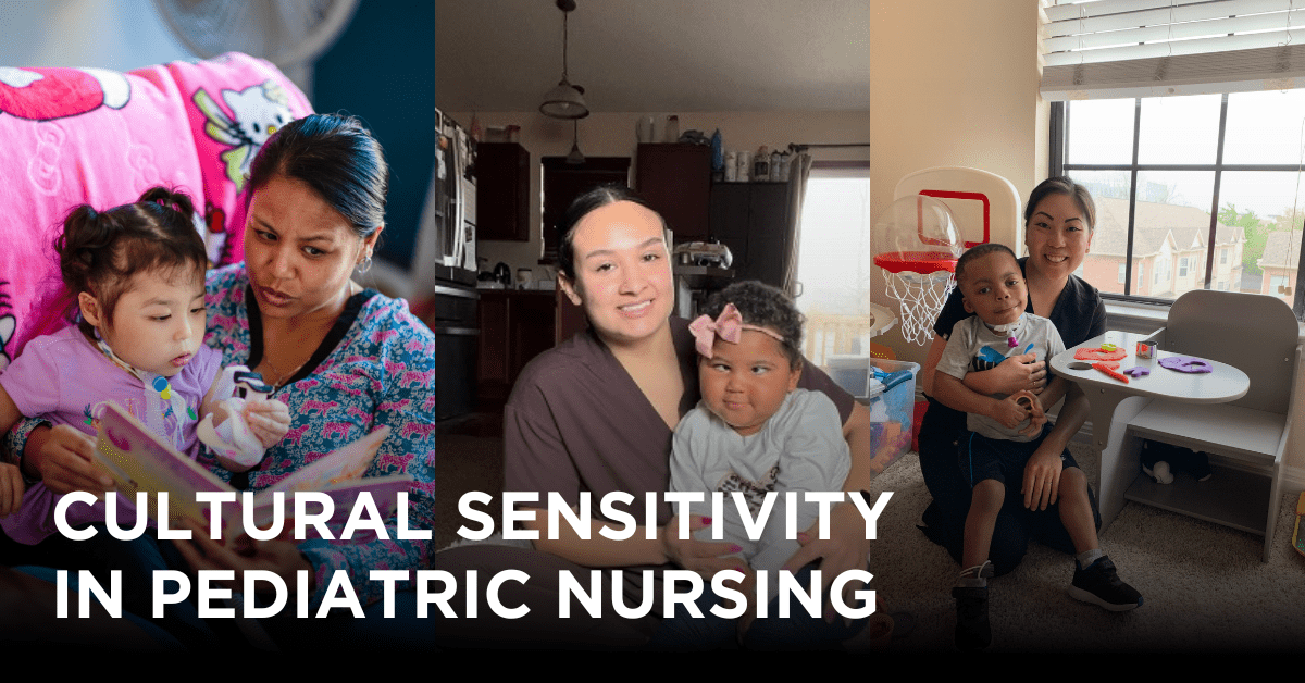 blog title graphic of 3 Thrive SPC pediatric home care nurses with patients "CULTURAL SENSITIVITY IN PEDIATRIC NURSING"