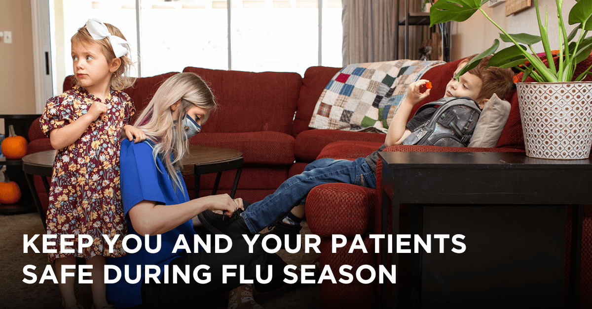 Blog Title Graphic, nurse wearing a mask tying a child's shoe "Keep You and Your Patients Safe During Flu Season"