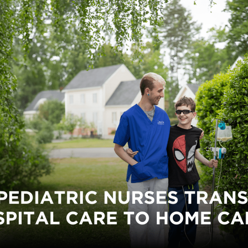 Blog Title Graphic, male nurse outside with a patient "Tips for Pediatric Nurses Transitioning from Hospital Care to Home Care"